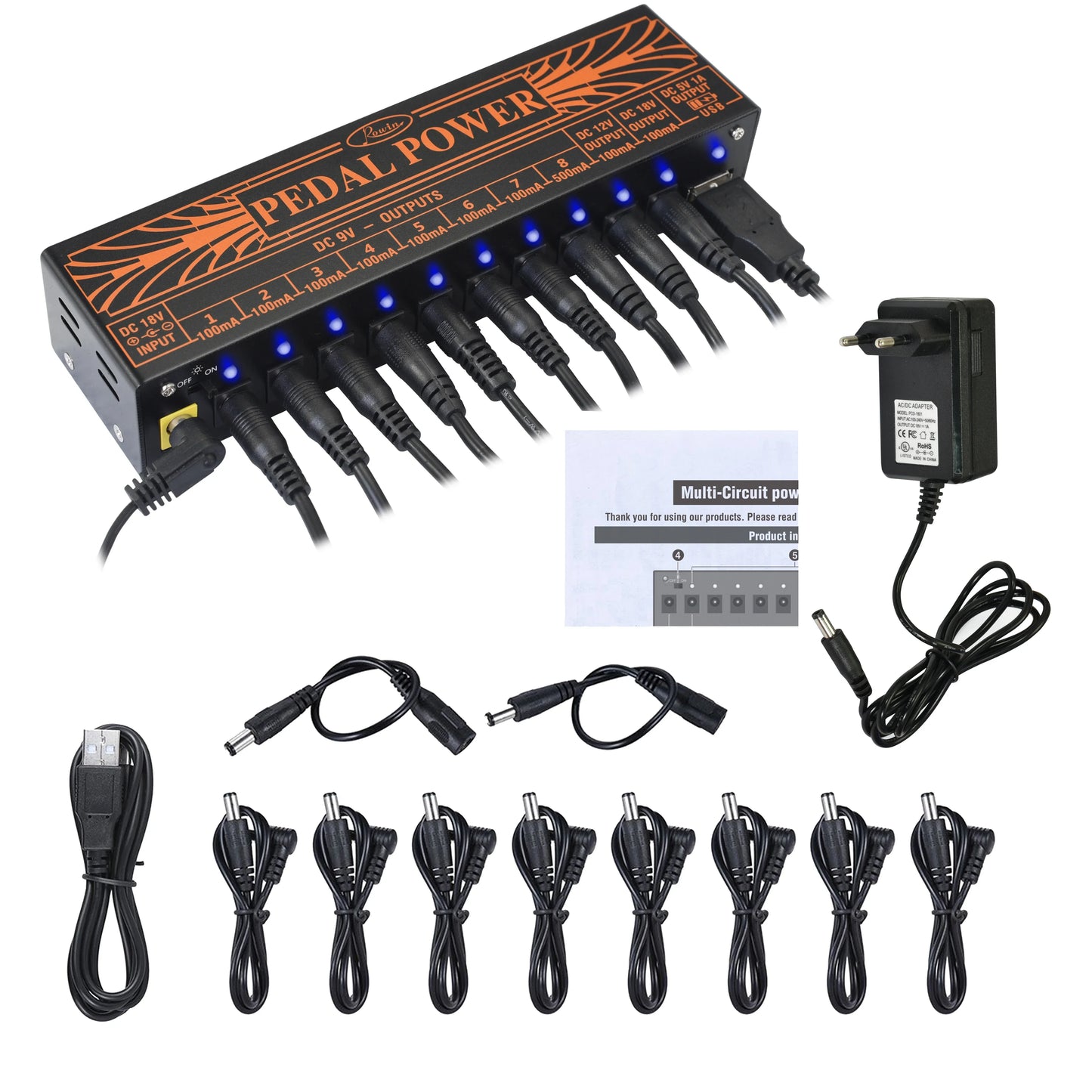 Black pedal power multi circuit power supply unit with orange branding and blue led indicators for pure echo and auto wah