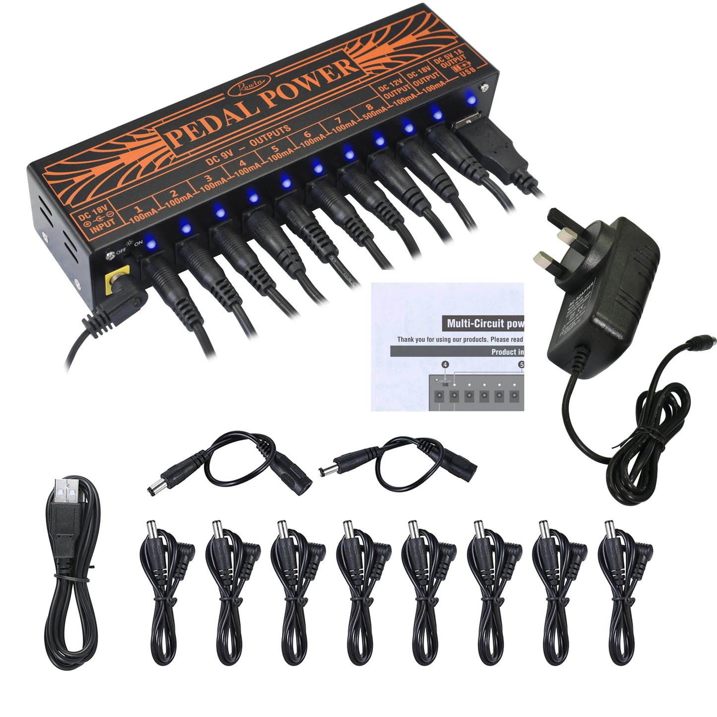 Black pedal power multi-circuit power supply unit with orange branding and blue led indicators for pure echo and auto wah effects