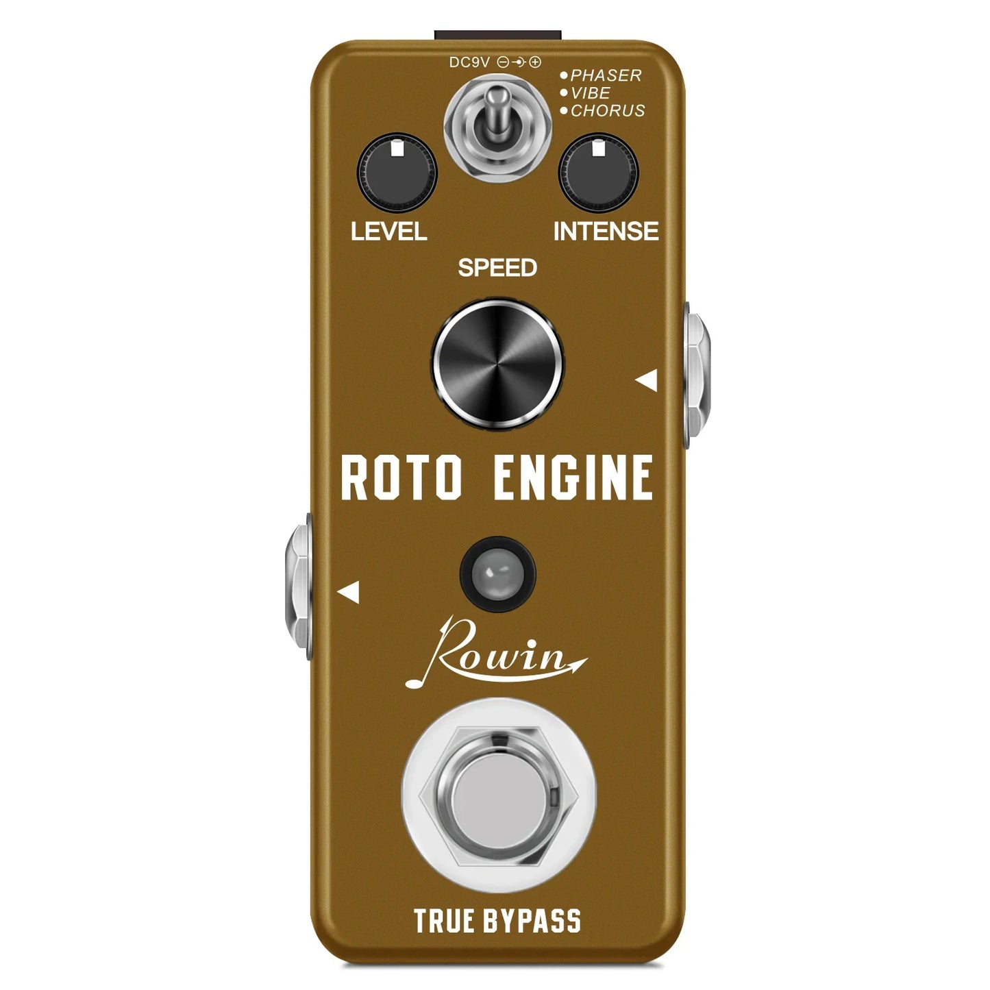 Brown metallic rowin digital guitar pedal with silver knobs and hexagonal footswitch featuring pure echo and auto wah effects
