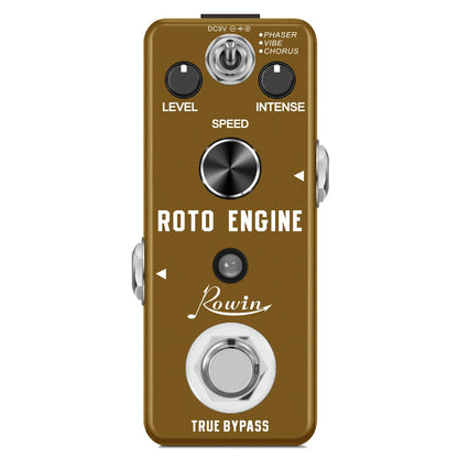 Brown metallic rowin digital guitar pedal with silver knobs and hexagonal footswitch featuring pure echo and auto wah effects