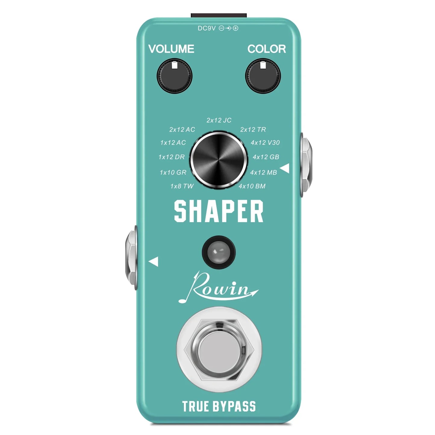 Teal rowin digital guitar pedal featuring pure echo, auto wah, and mod station effects with black knobs and silver footswitch