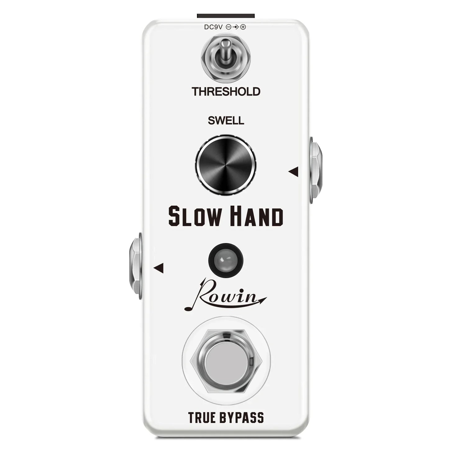 Rowin digital guitar pedal white with silver knobs and hexagonal footswitch featuring pure echo auto wah and mod station effects