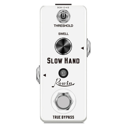 Rowin digital guitar pedal white with silver knobs and hexagonal footswitch featuring pure echo auto wah and mod station effects