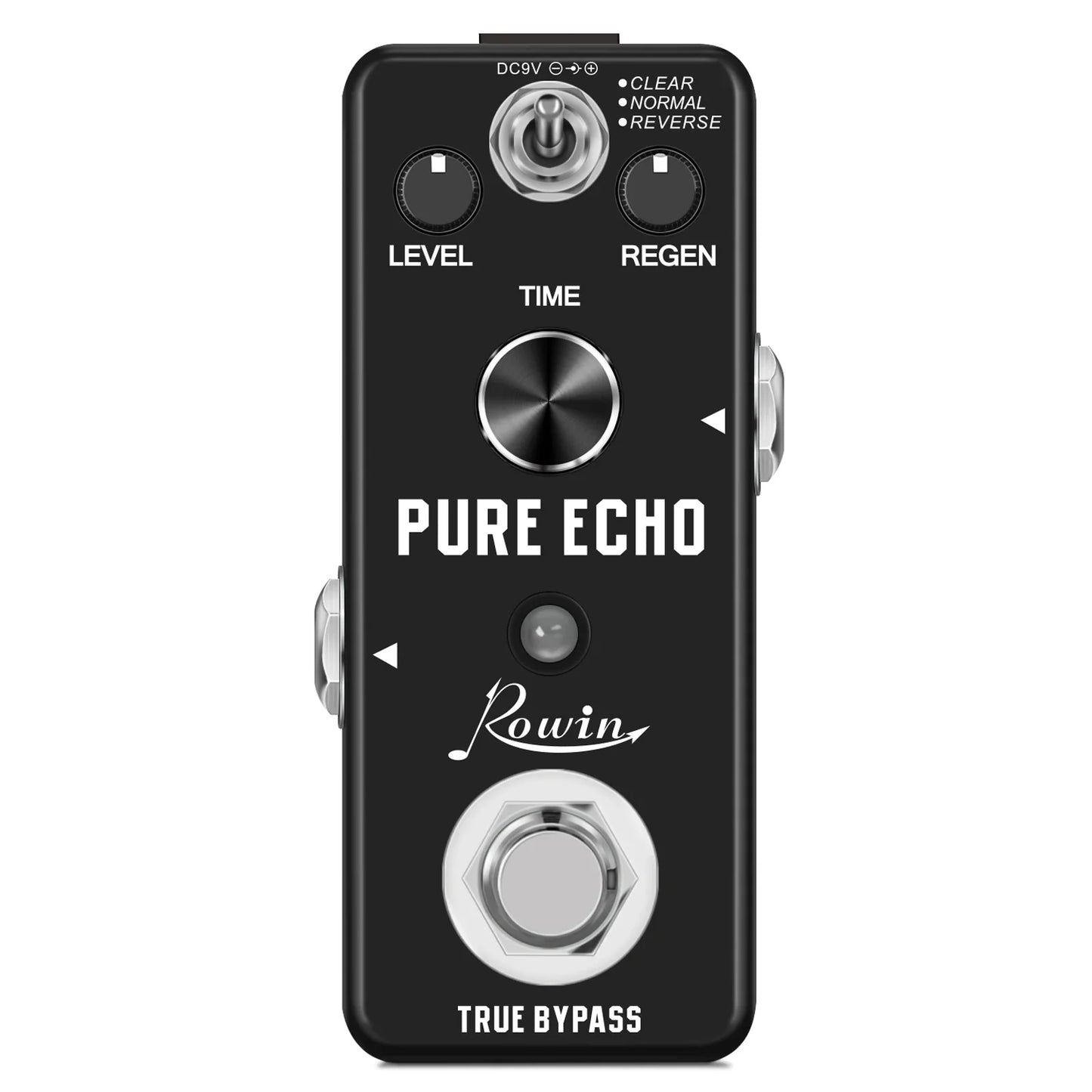 Black rowin digital guitar pedal with pure echo effect silver knobs hexagonal footswitch for mod station and auto wah use