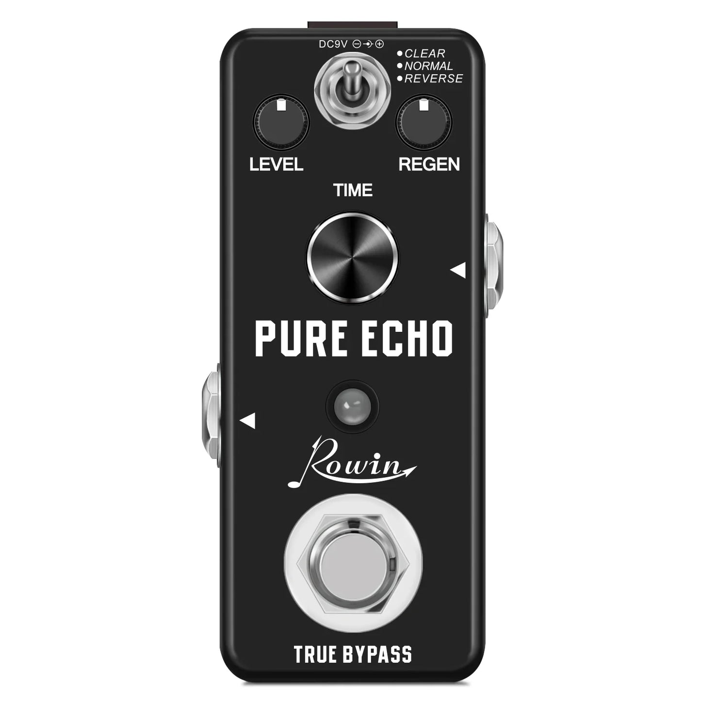Black rowin pure echo guitar effects pedal with silver knobs and footswitch features reverb mod station and auto wah effects