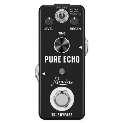 Black rowin pure echo guitar effects pedal with silver knobs and footswitch features reverb mod station and auto wah effects