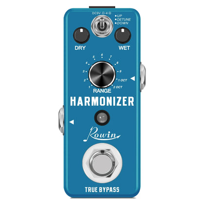 Blue Rowin digital guitar pedal with black knobs and silver footswitch featuring pure echo and mod station effects