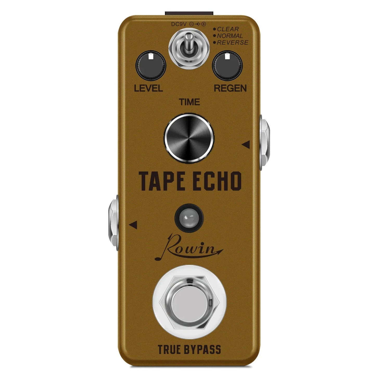 Bronze-colored rowin digital guitar pedal with black knobs and silver accents featuring pure echo and auto wah effects