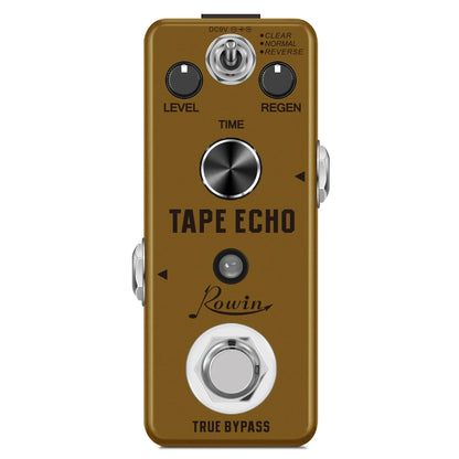 Bronze-colored rowin digital guitar pedal with black knobs and silver accents featuring pure echo and auto wah effects