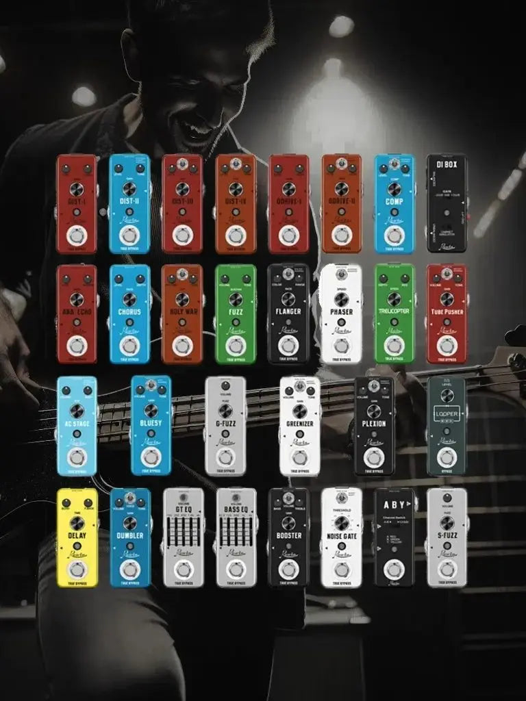 A collection of colorful rowin digital guitar pedals featuring pure echo, auto wah, and mod station effects