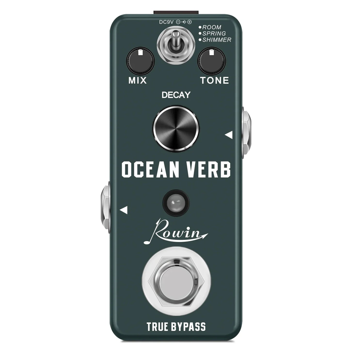 Dark green rowin digital guitar pedal with silver knobs hexagonal footswitch featuring pure echo auto wah and mod station effects