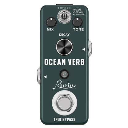 Dark green rowin digital guitar pedal with silver knobs hexagonal footswitch featuring pure echo auto wah and mod station effects