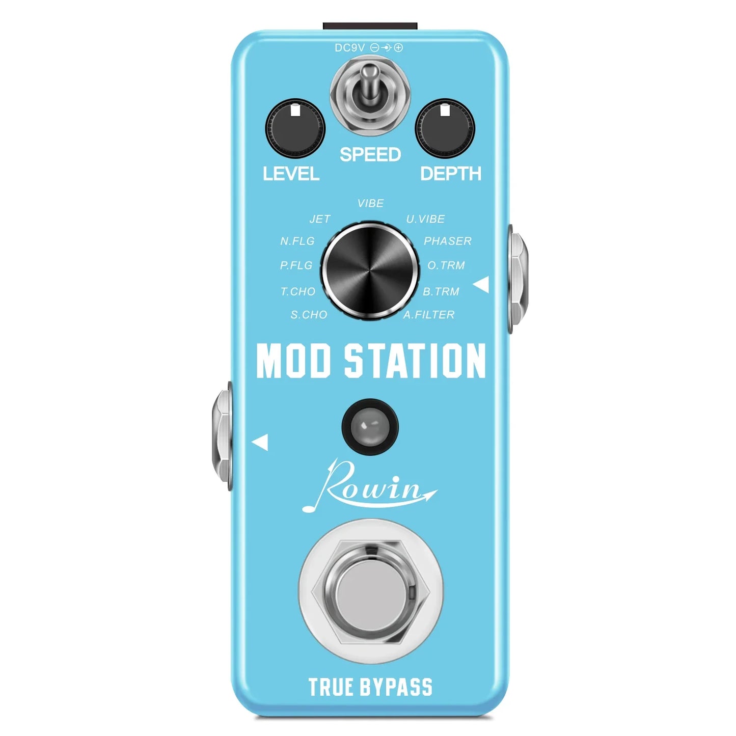 Light blue rowin digital mod station guitar pedal with black knobs and silver footswitch featuring pure echo and auto wah effects
