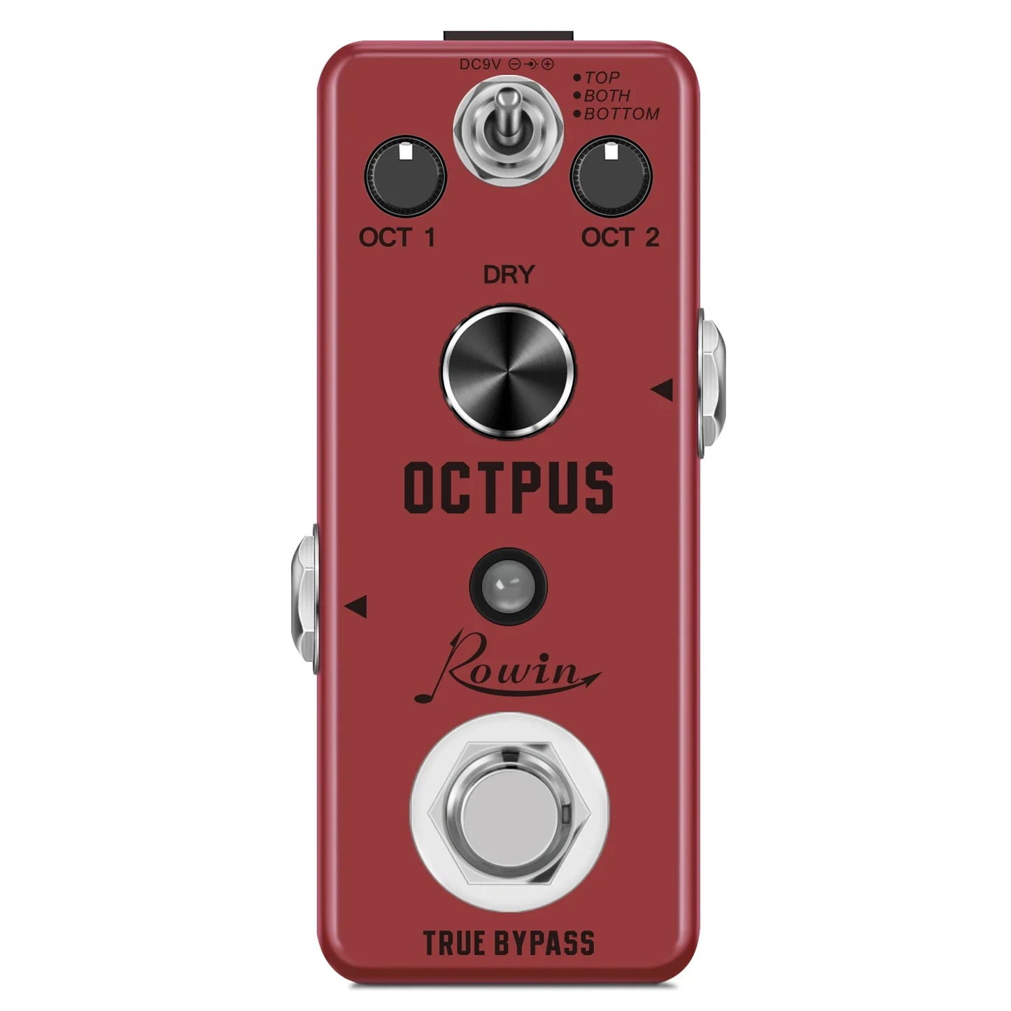Red Rowin digital guitar pedal with silver knobs and footswitch featuring pure echo auto wah and mod station effects