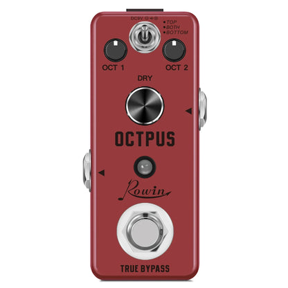 Red Rowin digital guitar pedal with silver knobs and footswitch featuring pure echo auto wah and mod station effects