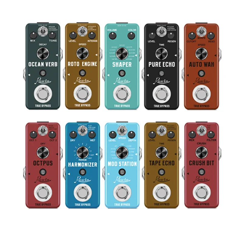 Ten colorful rawin digital guitar pedal effects in a grid including pure echo auto wah and mod station models