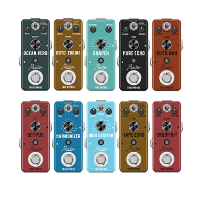 Ten colorful rawin digital guitar pedal effects in a grid including pure echo auto wah and mod station models