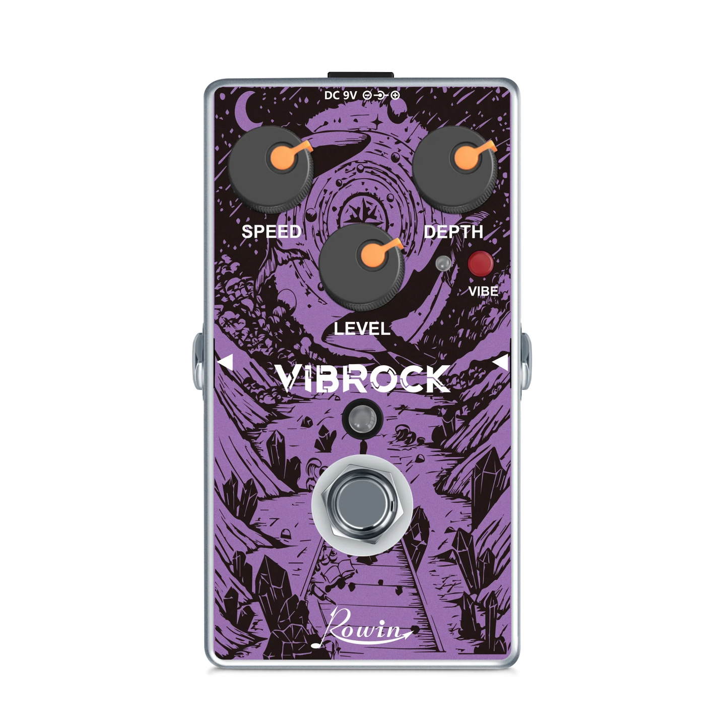 Purple and black rowin digital guitar pedal with speed depth level knobs red vibe button for pure echo auto wah mod station effects