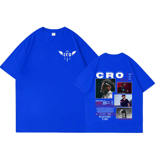 Bright blue vintage oversized cotton graphic t shirt with white cro wing logo front and detailed hip hop fashion print back