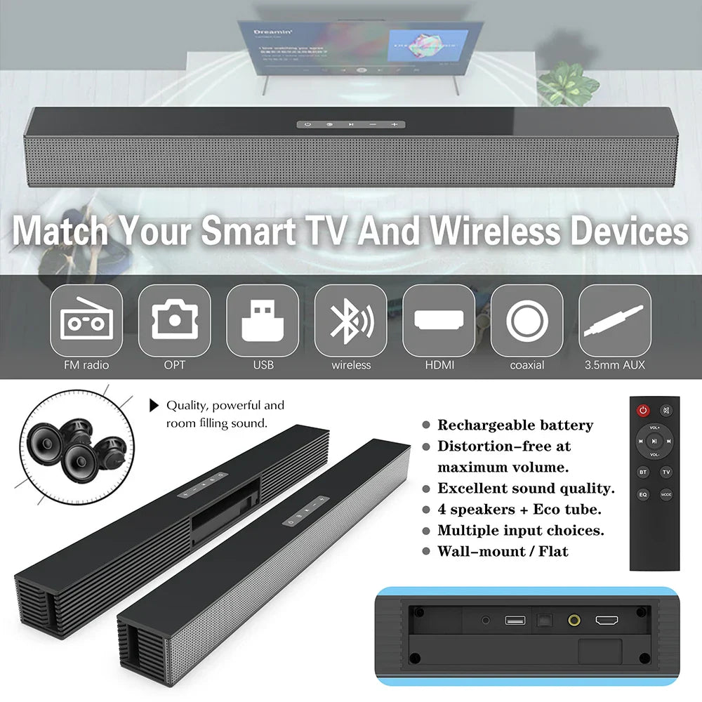 Black rsionch theater tv speakers soundbar with textured grille and smartphone usb input for wireless audio use