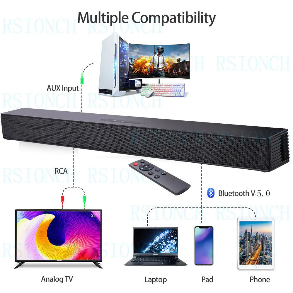 Black Rsionch speaker wireless soundbar with aux rca bluetooth v5 smartphone usb input for theater tv speakers setup
