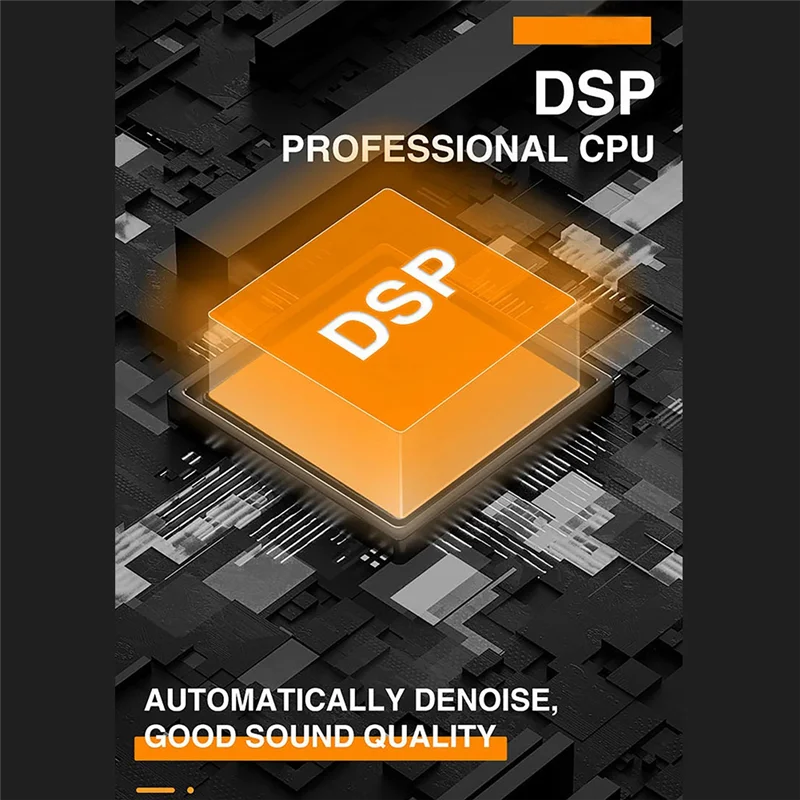 Orange dsp professional cpu chip on dark circuit board for broadcast sound card recording desktop singing wireless lossless transmission
