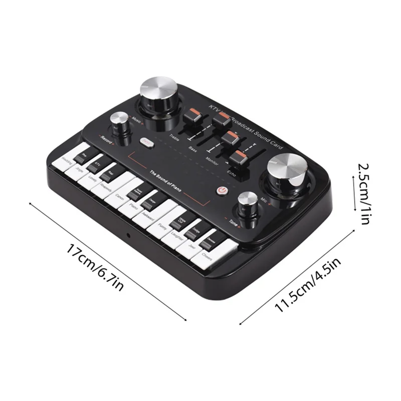 Black compact RTSHE-KTV broadcast sound card with white piano keys and silver knobs for wireless lossless transmission