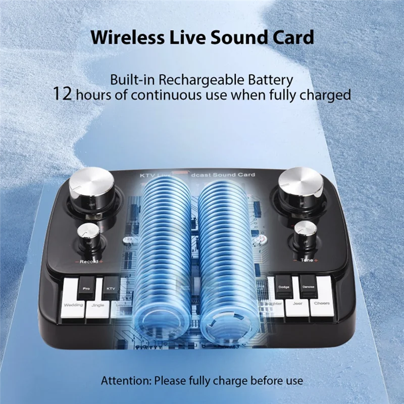 Black wireless broadcast sound card with silver knobs white keys built-in rechargeable battery for recording desktop singing and wireless lossless transmission
