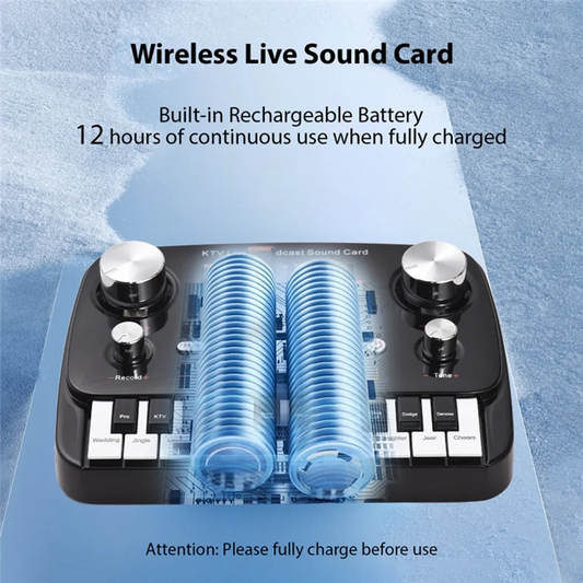 Black wireless broadcast sound card with silver knobs white keys built-in rechargeable battery for recording desktop singing and wireless lossless transmission