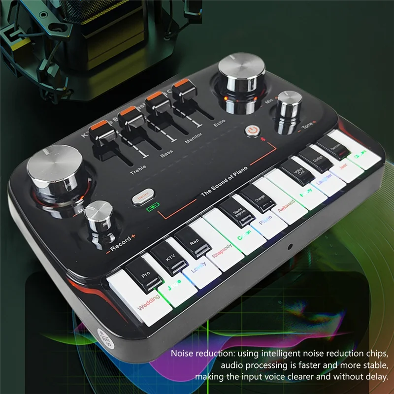 Black compact broadcast sound card with mini piano keyboard and silver knobs for recording desktop singing with wireless lossless transmission