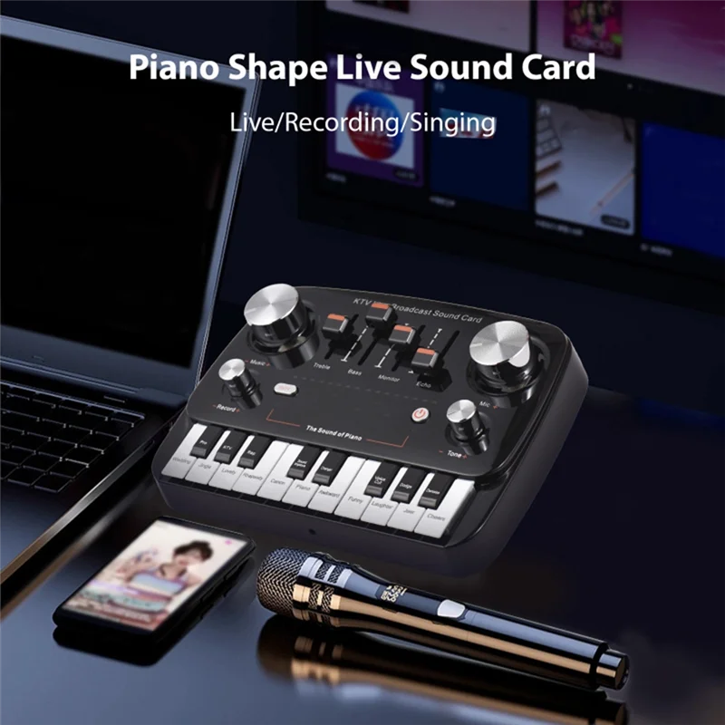 Black piano-shaped rtshe-ktv broadcast sound card with white keys silver knobs for recording desktop singing wireless lossless transmission