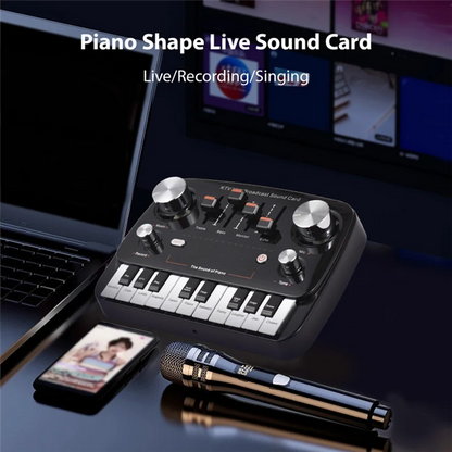 Black piano-shaped rtshe-ktv broadcast sound card with white keys silver knobs for recording desktop singing wireless lossless transmission