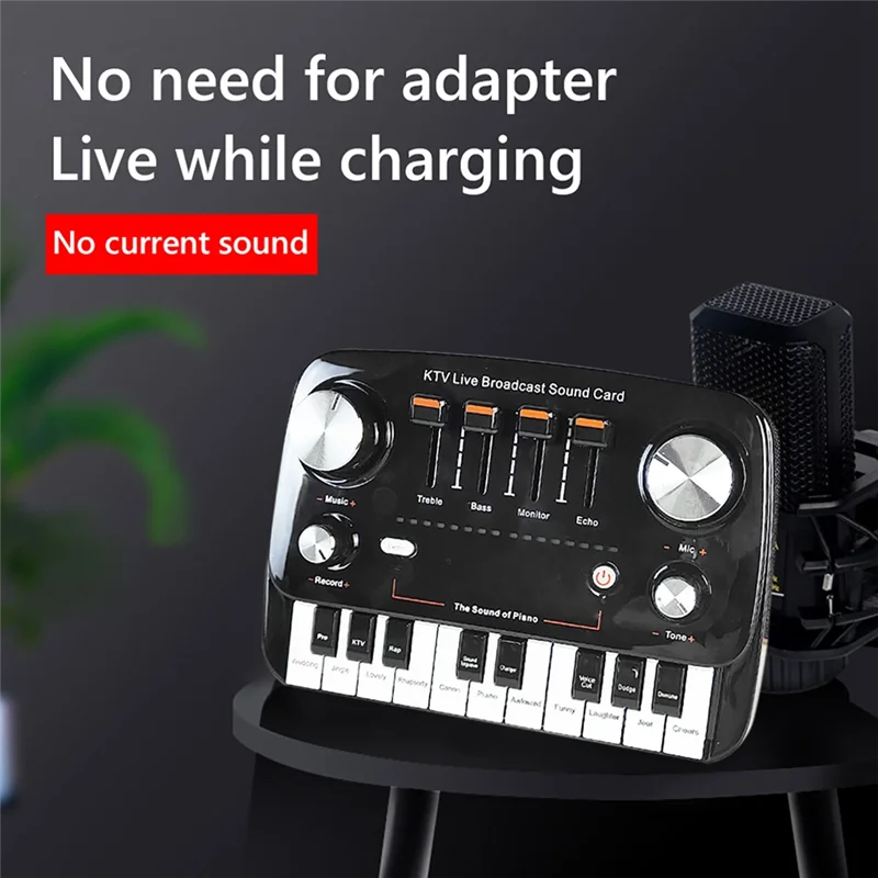 Black RTSHE-KTV live broadcast sound card with mini piano keys and silver knobs for wireless lossless transmission recording desktop singing