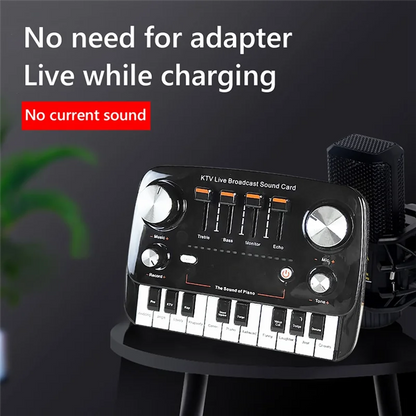 Black RTSHE-KTV live broadcast sound card with mini piano keys and silver knobs for wireless lossless transmission recording desktop singing