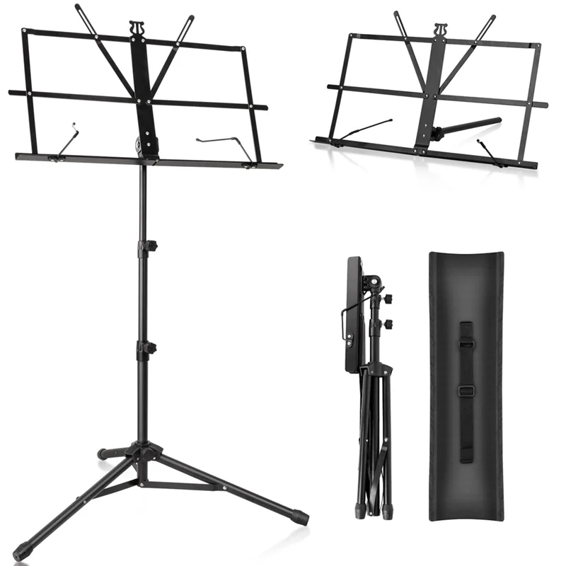 Black metal music stand portable with adjustable podium stand tripod base and sheet music folder shown folded and unfolded