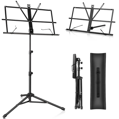 Black metal music stand portable with adjustable podium stand tripod base and sheet music folder shown folded and unfolded