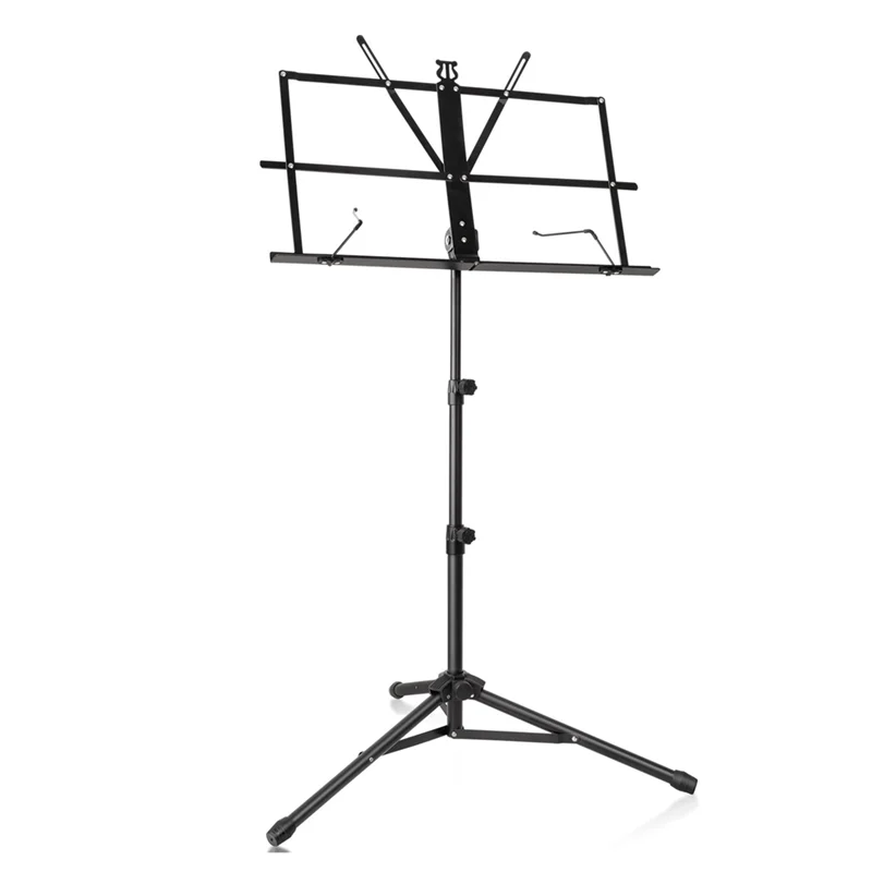 Black metal music stand portable with adjustable podium stand, tripod base, and sheet music folder for easy use