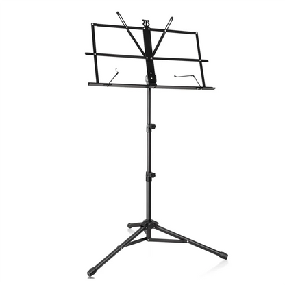 Black metal music stand portable with adjustable podium stand, tripod base, and sheet music folder for easy use