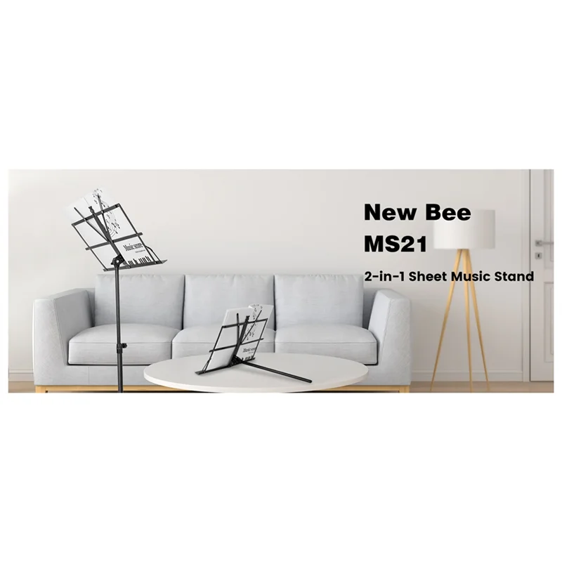 Black metal new bee ms21 2-in-1 music stand portable with adjustable podium stand and sheet music folder for versatile use
