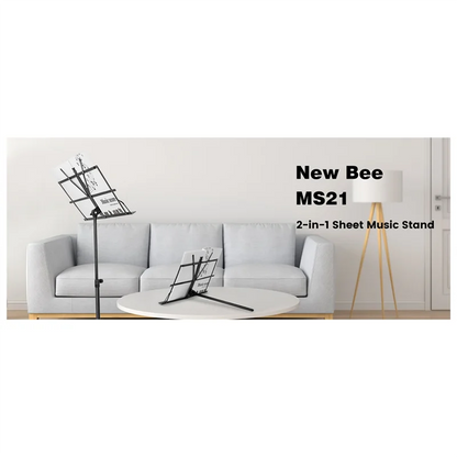 Black metal new bee ms21 2-in-1 music stand portable with adjustable podium stand and sheet music folder for versatile use