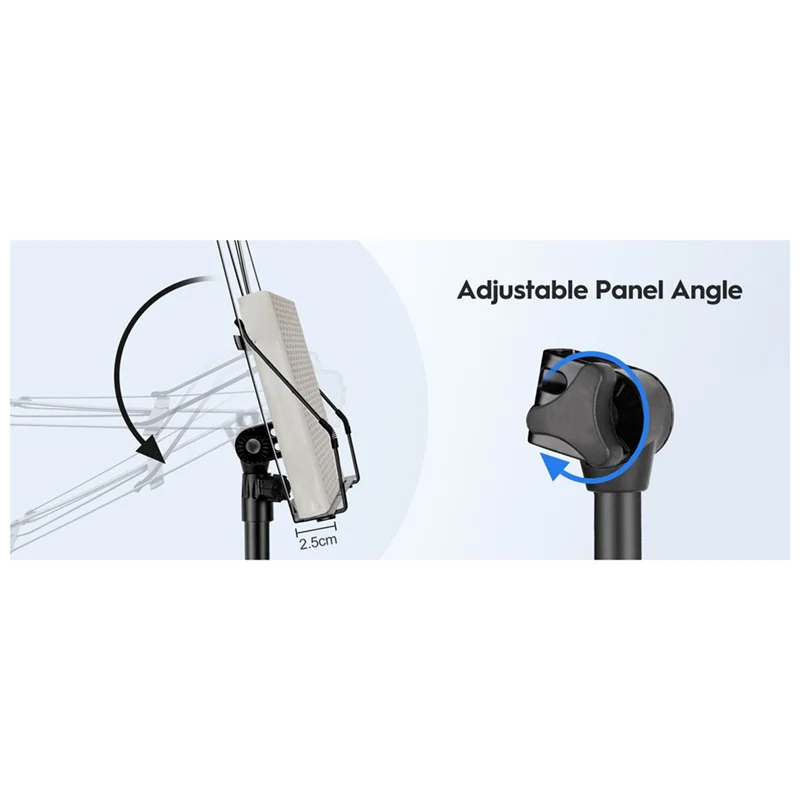 Black adjustable podium stand with sleek metal design, portable music stand with tripod base and rotating sheet music folder panel