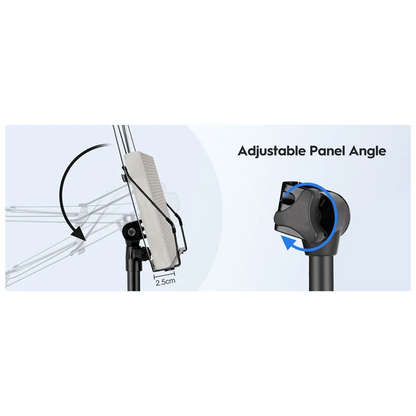 Black adjustable podium stand with sleek metal design, portable music stand with tripod base and rotating sheet music folder panel