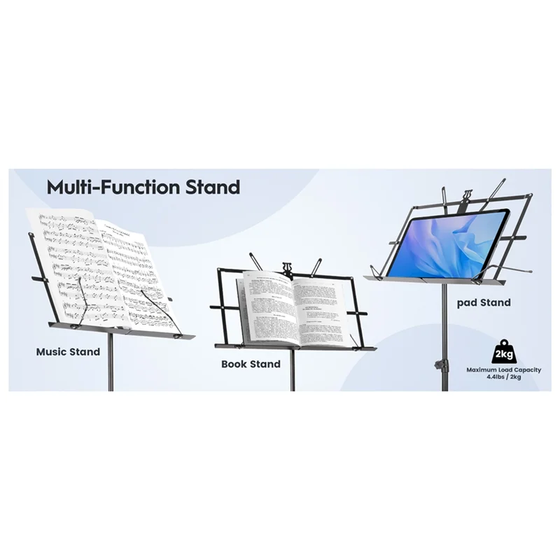 Black metal music stand portable with adjustable podium stand arms and sheet music folder for books or tablets