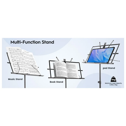 Black metal music stand portable with adjustable podium stand arms and sheet music folder for books or tablets