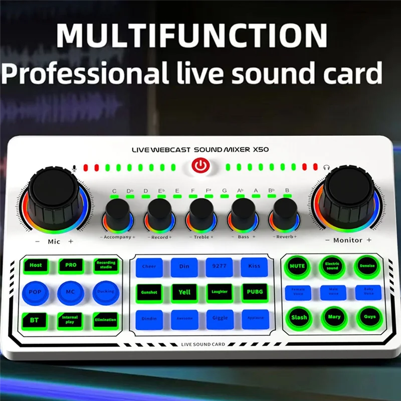 White rectangular RTSHE-X50 live sound card audio mixer with black knobs green buttons and otg digital lossless transmission