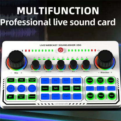 White rectangular RTSHE-X50 live sound card audio mixer with black knobs green buttons and otg digital lossless transmission
