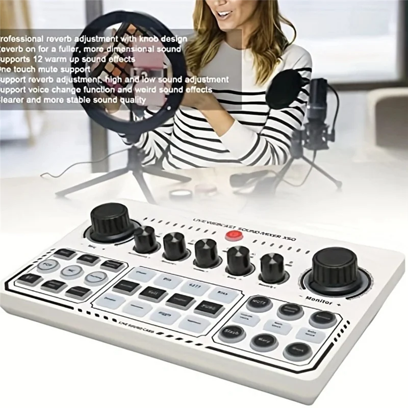 White rectangular live sound card audio mixer with black knobs and otg digital lossless transmission for podcasting and gaming