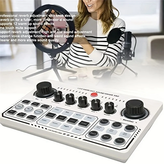 White rectangular live sound card audio mixer with black knobs and otg digital lossless transmission for podcasting and gaming