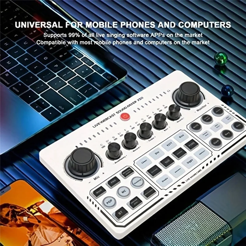 White rectangular live sound card with black knobs labeled live urbecast sound waker 250 for otg digital lossless mixing