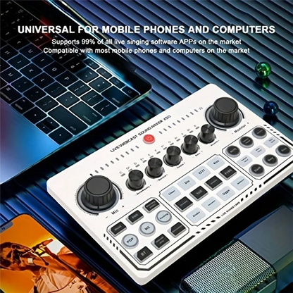 White rectangular live sound card with black knobs labeled live urbecast sound waker 250 for otg digital lossless mixing